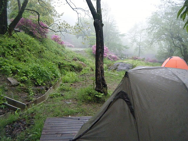 Korean campsite on the side of a misty hill side
